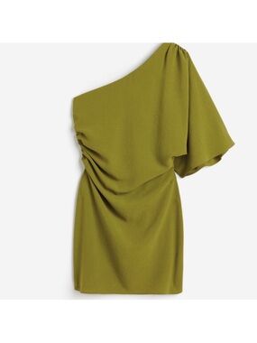 H&M Olive One-Shoulder Draped Mini Dress